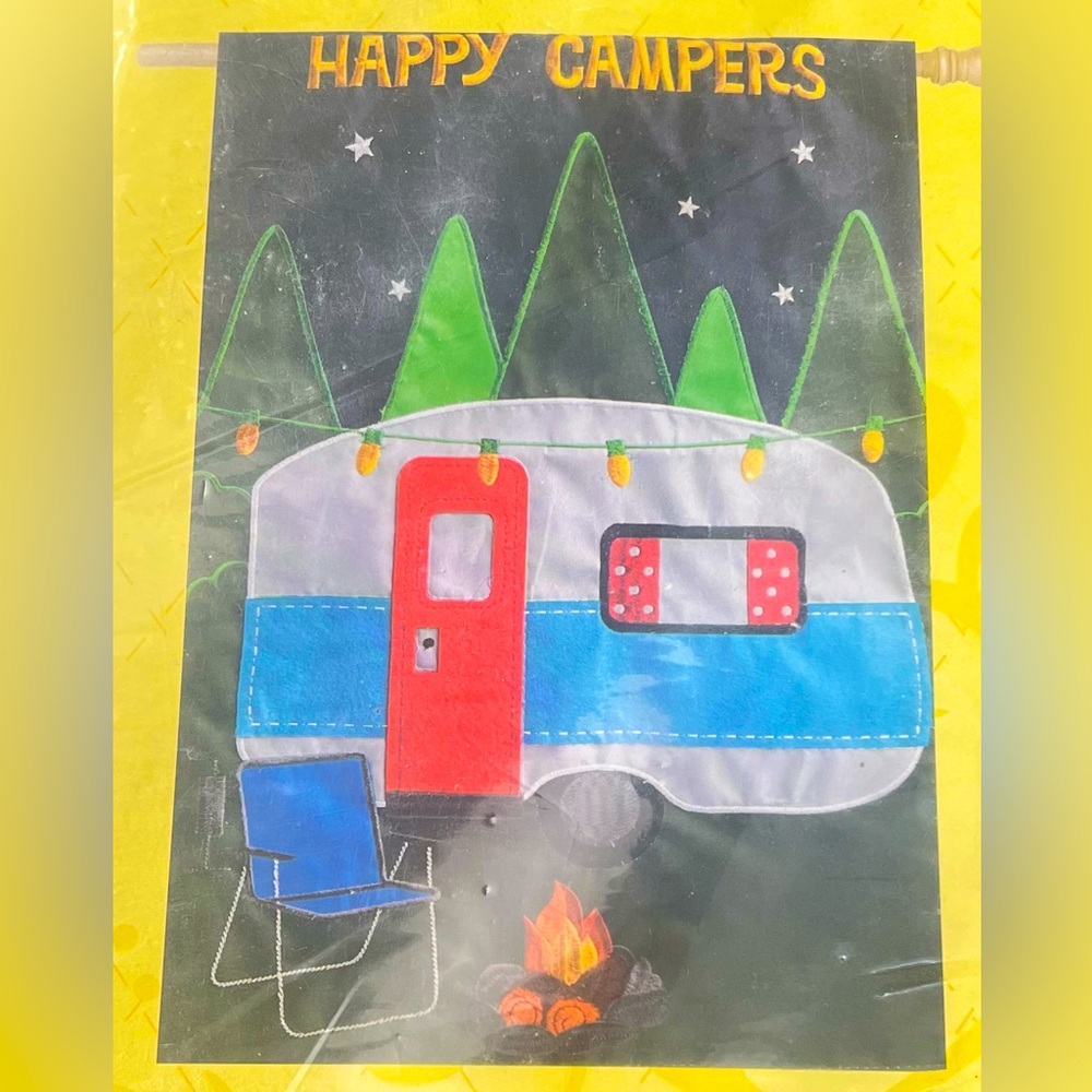 Evergreen happy campers outdoor decorative appliqué flag NEW